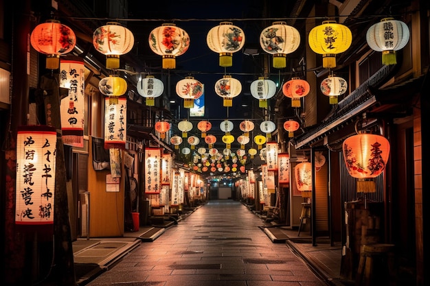 Japanische Laternen mit Kanji auf der Straße bei Nacht, KI-generiert