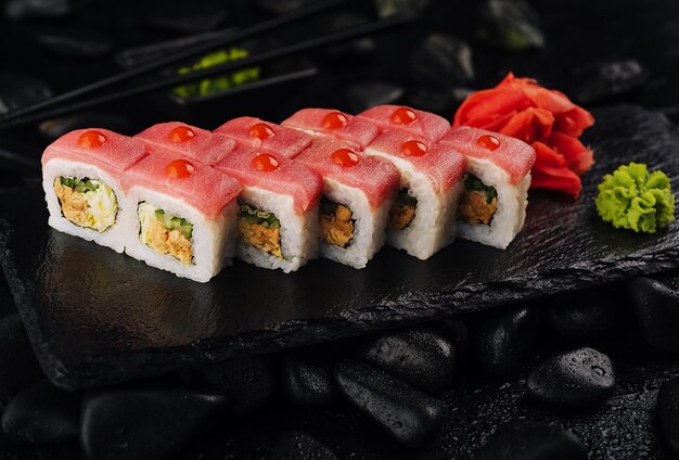 Japanische Lebensmittel-Thunfisch-Sushi-Rollen auf Steinbrett