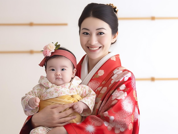 Japanische Mutter hält ihr Kind, Nahaufnahmefoto, KI generiert