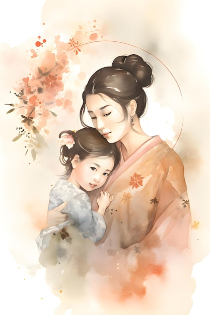 Japanische Mutter mit Tochter und Blumen um Aquarell Muttertag Generative KI