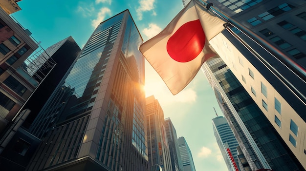 Foto japanische nationalflagge und regierungsgebäude mit wolkenkratzern beim sonnenuntergang