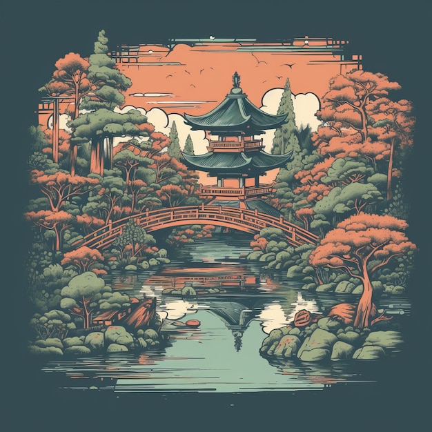 japanische Park-Flach-Illustration in Adobe Illustrator gezeichnet