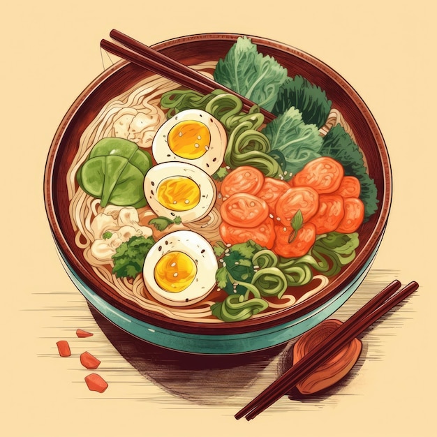 Japanische Ramen-Suppe ist traditionell köstlich und aromatisch. Illustration Generative KI