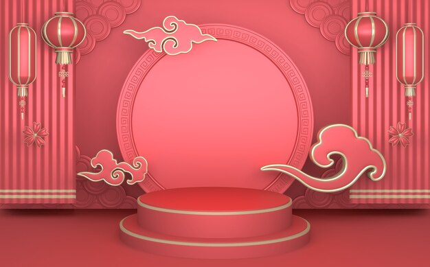 Japanische rosa Podiumshow im rosa Farbhintergrund japanischer Stil.3D-Wiedergabe