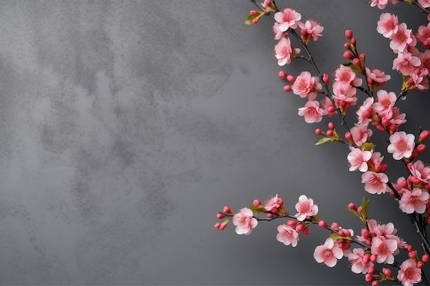 Japanische Sakura-Blumenblüte in einer Ecke vor grauem Hintergrund. Großer Kopierraum, erstellt mit Generati