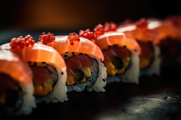 Japanische Sushi-Rollen in einer traditionellen KI-generierten Sushi-Bar