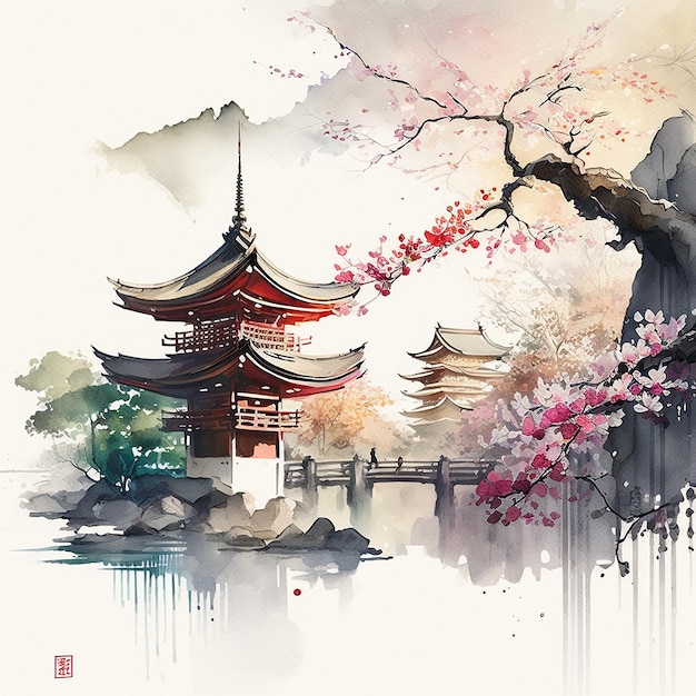 Japanische Tempel-Aquarellmalerei, Vektorillustrationsbild. Ai-generierte Kunst