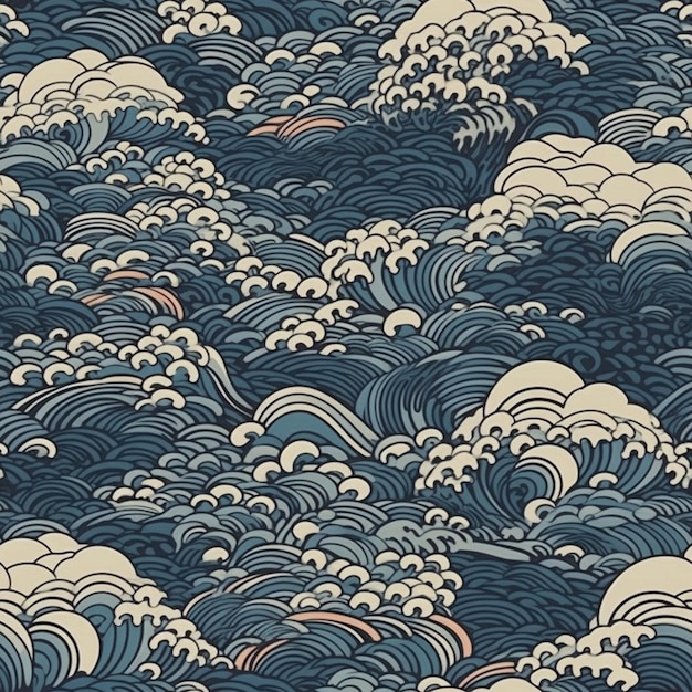 Japanische traditionelle Wellenmotive Hintergrundtexturdesign Meereswellen nahtlos Generative KI