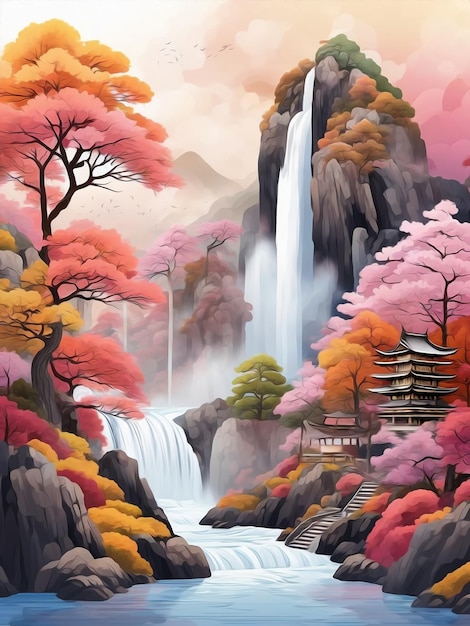 Japanische Wasserfalllandschaft mit Herbstbäumen und Wasserfällen, Ölgemäldeporträt