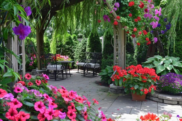 Japanische Zierweide und bunte Blumen im Garten im Mittleren Westen