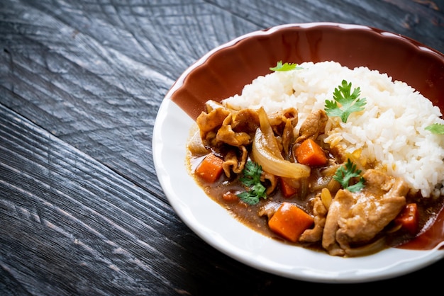 Japanischer Curry-Reis mit geschnittenem Schweinefleisch, Karotten und Zwiebeln