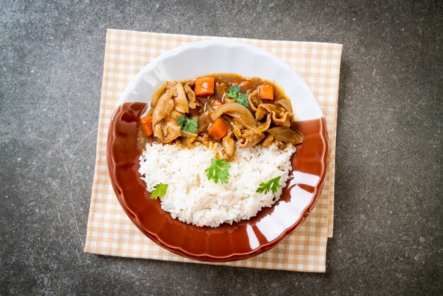 Japanischer Curryreis mit geschnittenem Schweinefleisch, Karotten und Zwiebeln. Asiatischer Stil