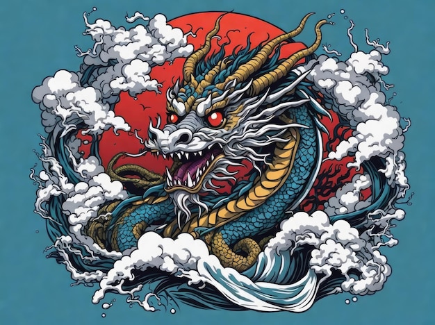 japanischer Drache auf Wellen