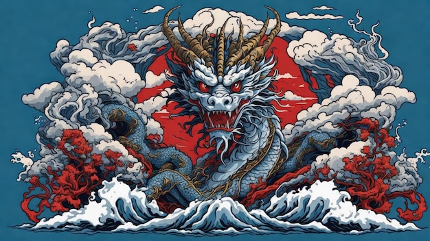 japanischer Drache auf Wellen