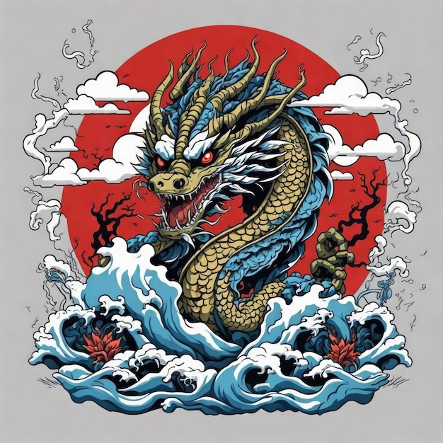 japanischer Drache auf Wellen