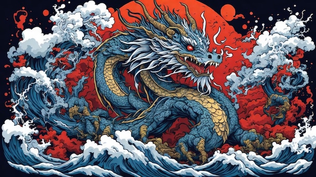 japanischer Drache auf Wellen