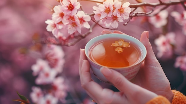 Japanischer Garten mit Händen, die eine Tasse Kirschblüte-Tee halten