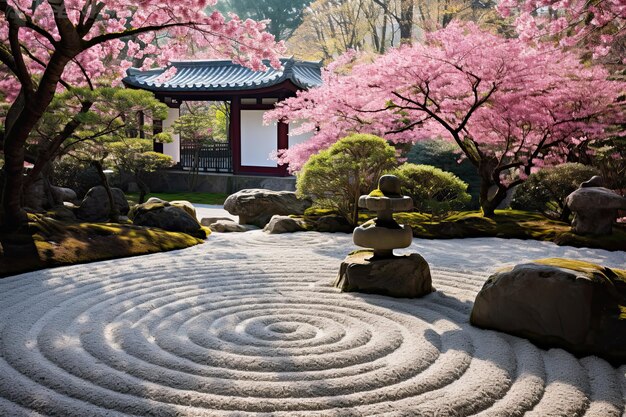 Japanischer Garten mit Kirschblüten und Steinkreis im Frühling