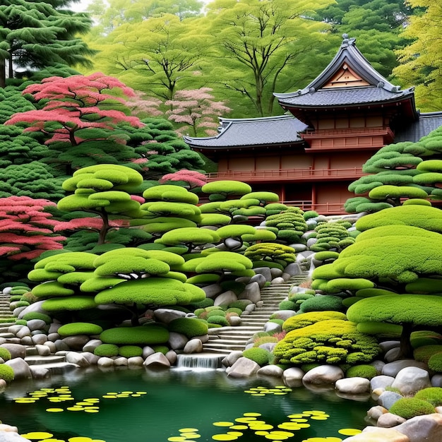 Japanischer Garten mit Teich Generative KI