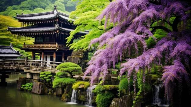 Japanischer Garten mit Wasserfall und lila Blumen