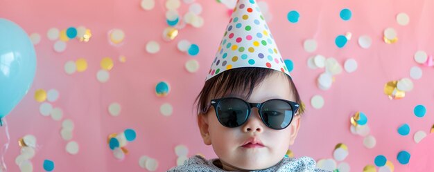 Japanischer Junge mit Partyhut und Sonnenbrille auf rosa Hintergrund mit Konfetti