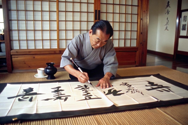 Japanischer Kalligraphie-Künstler, der Kanji schreibt