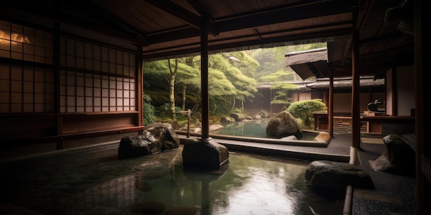 Japanischer Onsen-Ryokan Ein kleiner Wasserfall draußen