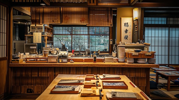 japanischer Restaurant-Schalterbereich, gut dekoriert mit traditioneller Aussicht und einem Kopierraum Generative KI