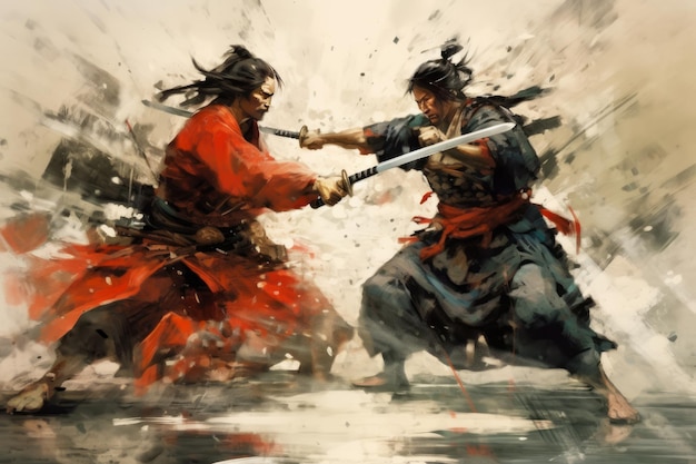 Foto japanischer samurai-krieger mächtiger ninja mit schwertern karikatur-stil samurai-kämpfe.