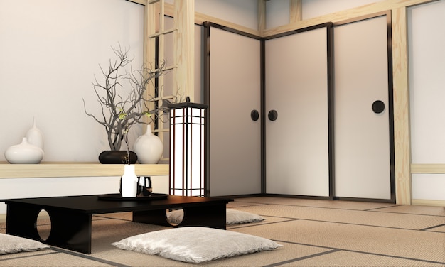 Japanischer Stil des Ryokan-Wohnzimmers mit Tatamimattenboden und -dekoration. 3D-Rendering