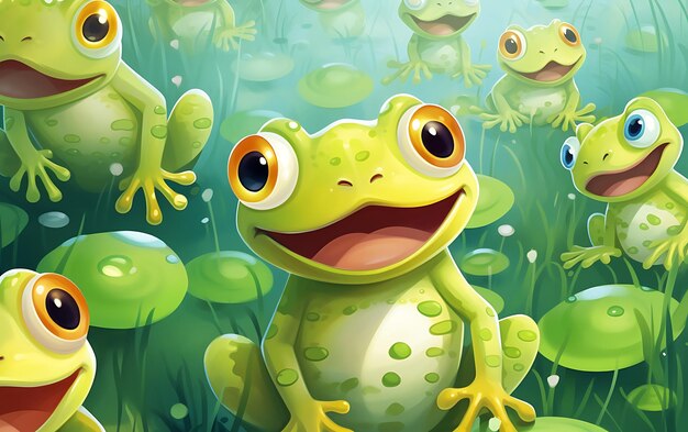 Japanischer süßer Frosch mit wiederholten Mustern im Anime-Kunststil mit Pastellfarben