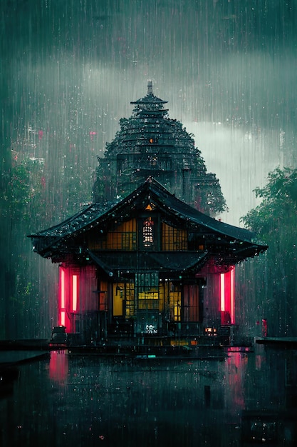 Japanischer Tempel Cyberpunk Rain Ultra realistische Konzeptkunst