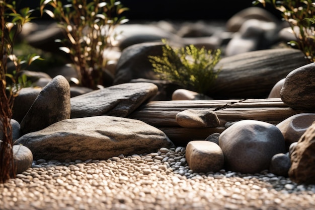 Japanischer Zen-Garten Steine in Reihenmuster in Sand und Felsen für Entspannung und Konzentration Generative KI-Illustration