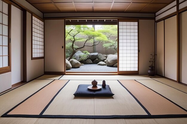 Japanischer Zen-Meditationsraum mit Tatami-Mattenfußboden