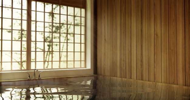 Japanisches Badezimmer aus Holz im modernen Onsen-Minimalstil