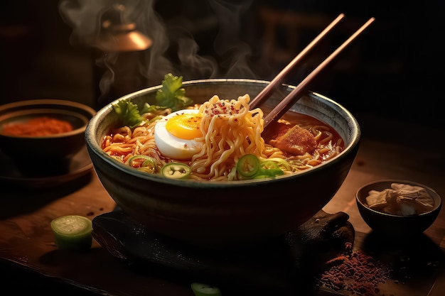 Japanisches Essen, asiatische Miso-Ramen-Nudeln mit Eierschweinefleisch und Pak Choi in einer Schüssel AI