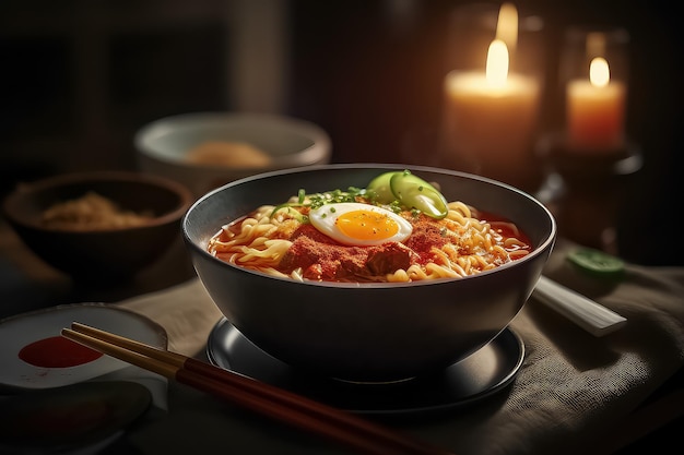 Japanisches Essen, asiatische Miso-Ramen-Nudeln mit Schweineei und Pak-Choi in einer Schüssel