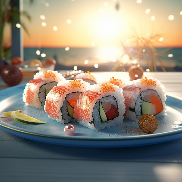 japanisches Essen Sushi moderne kühle Farben Fisch Meeresnahrung Lachs Reis frisch lecker