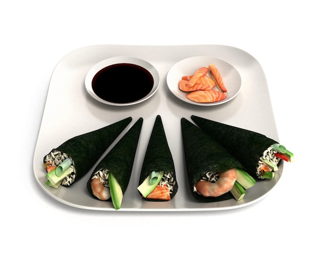 Japanisches Essenslieferkonzept mit Sushi-Rollen 3D-Illustration