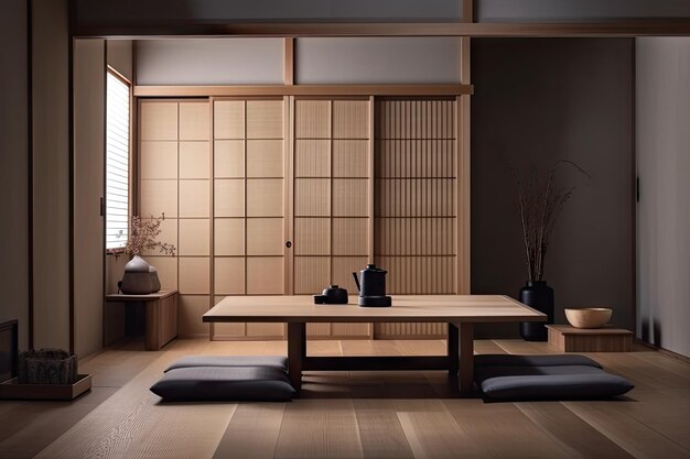 Japanisches Interieur mit minimalistischen Holzmöbeln und strukturiertem Stoff, erstellt mit generativer KI