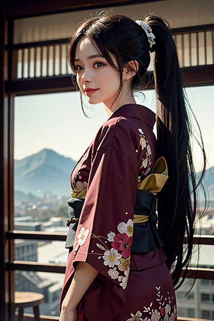 Foto japanisches junges schönes mädchenmodell mit wunderschönem kimono, exquisitem schönheitshintergrund