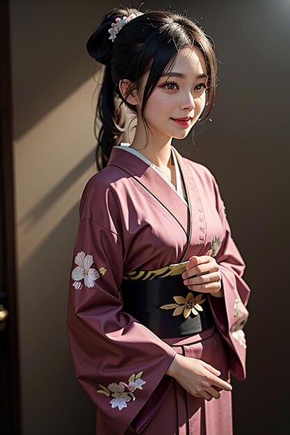 Japanisches junges schönes Mädchenmodell mit wunderschönem Kimono, exquisitem Schönheitshintergrund
