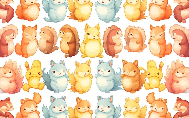 Japanisches süßes Eichhörnchen wiederholte Muster im Anime-Kunststil mit Pastellfarben