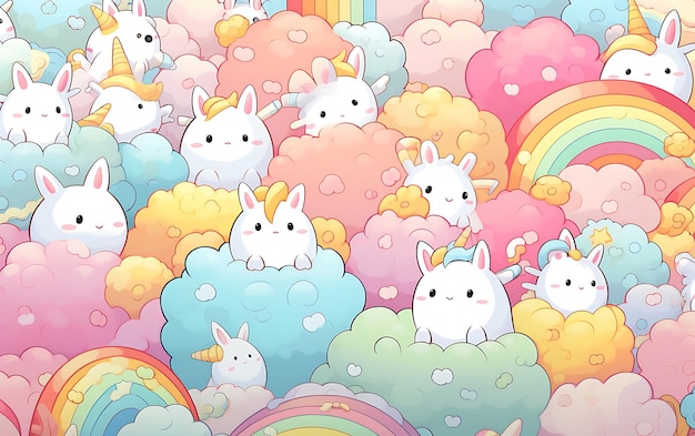 Japanisches süßes Einhorn mit wiederholten Mustern im Anime-Kunststil mit Pastellfarben