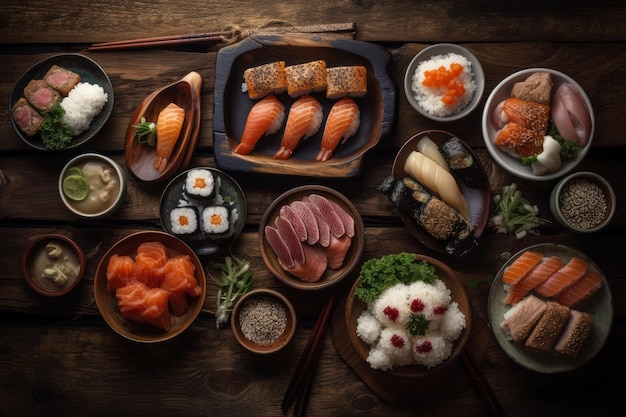 Japanisches Sushi, Draufsicht, Hintergrund. Generieren Sie Ai