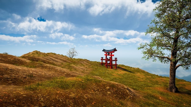 Japanisches traditionelles Tor Torii Symbol des Shintoismus Naturlandschaft 3D-Rendering