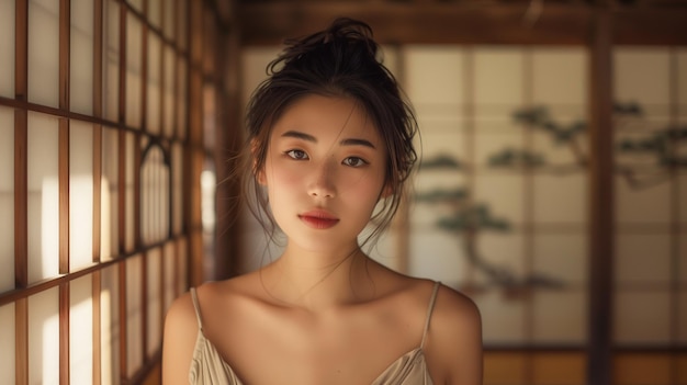 Japanisches weibliches Top-Modell posiert in einem traditionellen japanischen Haus