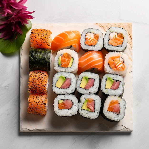 Japanize comida pescado sushi salmón arroz comida moderna caviar flores decoración maki