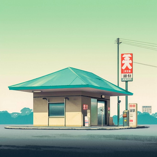 Foto japón edificio ilustración manga y anime estilo minimalismo carátula de álbum vintage ai generado