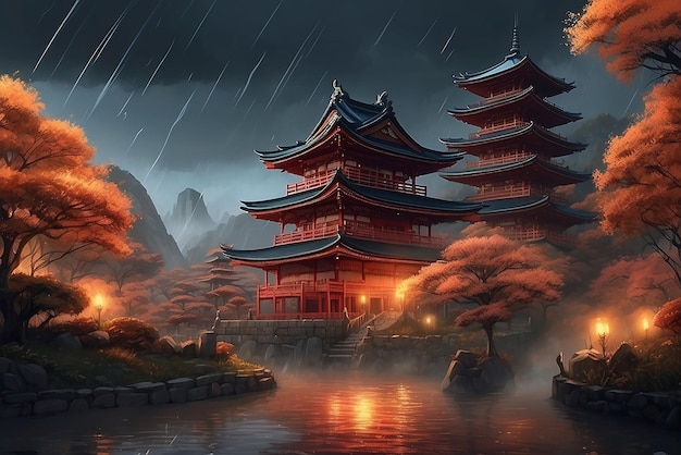 Foto japón lluvia noche entorno antiguo línea estilo de arte demonios de fuego detalles intrincados deshumanizados